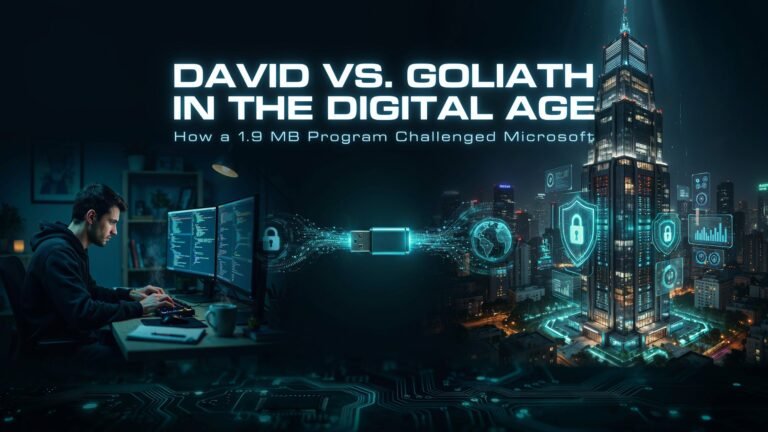 A lone software developer using Rufus challenges a giant technology corporation, symbolizing the battle between open-source innovation and Microsoft's Windows 11 restrictions in the digital age.
