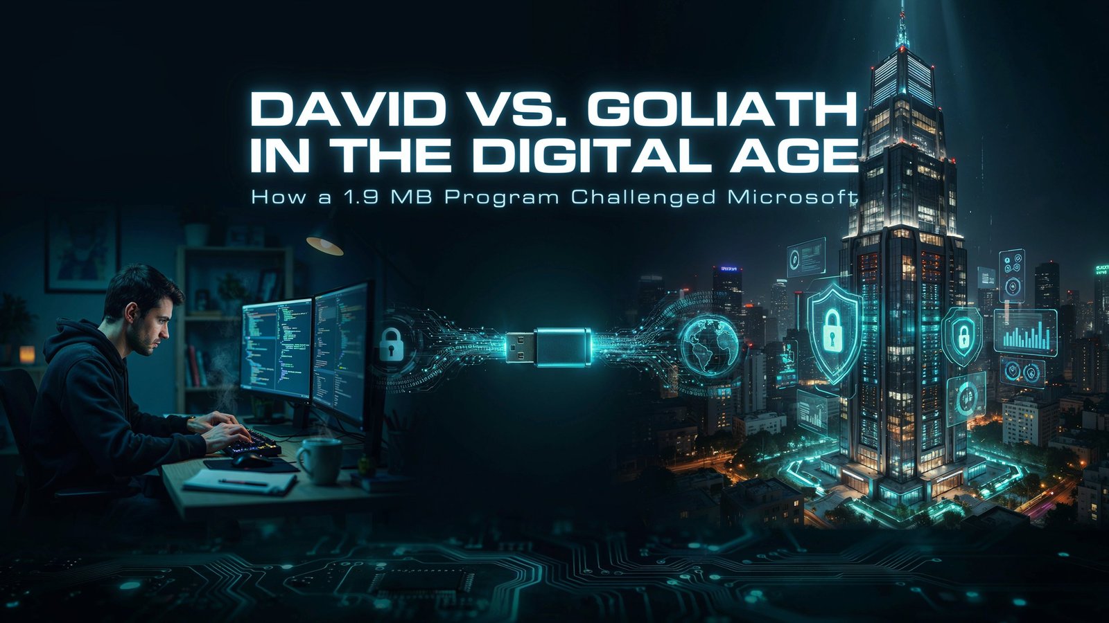 A lone software developer using Rufus challenges a giant technology corporation, symbolizing the battle between open-source innovation and Microsoft's Windows 11 restrictions in the digital age.